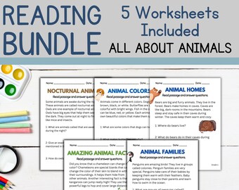 1st Grade Animal Reading Comprehension Worksheet Bundle, 5 worksheets w/answers, Reading Practice, Elementary Literacy, First Grade Reading