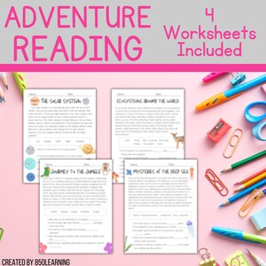 May include: Four printable worksheets for children featuring colourful illustrations and text about the solar system, ecosystems around the world, a journey to the jungle, and mysteries of the deep sea. The worksheets are designed for reading comprehension and include fill-in-the-blank questions.