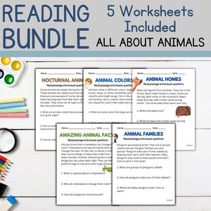 1st Grade Animal Reading Comprehension Worksheet Bundle, 5 worksheets w/answers, Reading Practice, Elementary Literacy, First Grade Reading