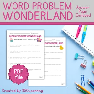 Word Problem Wonderland Addition and Subtraction Concepts 10 problems, Grade 1, Math Skills Development, Early Education Tools