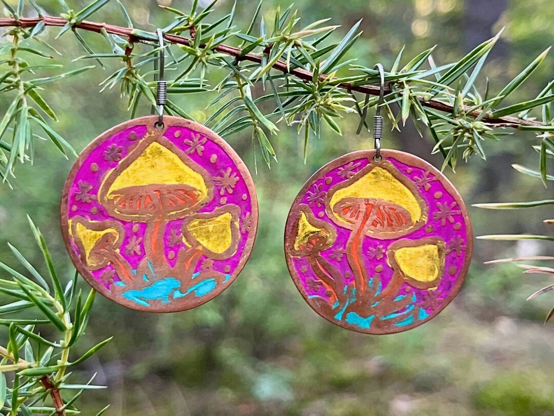 Dangle Magic Mushrooms Earrings for Her, Fairy Deep Pink Jewelry for