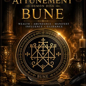 May include: A black and gold Invocation Disk with the word "BUNE" displayed. The disk features intricate symbols and the text "WEALTH, ABUNDANCE, MANIFEST, INFLUENCE, GUIDANCE". The words "CONNECT, INVOKE, TRANSFORM" are also visible.