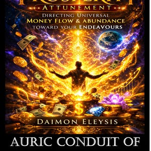 May include: An illustrated book cover with the title "Auric Conduit of Cosmic Prosperity." The image features a silhouetted figure with outstretched arms, surrounded by golden light, money, and celestial elements. The text directs money flow and abundance.