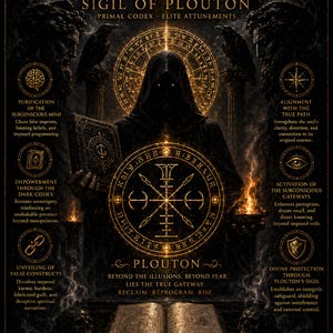May include: A digital art print titled "The Black Codex" featuring a hooded figure holding a book, surrounded by sigils and text. The artwork has a dark, mystical theme with gold and black colors, and includes the text "Sigil of Plouton."