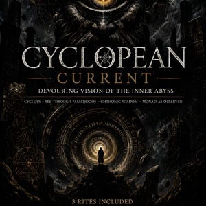 May include: Dark, digitally rendered artwork with the text "CYCLOPEAN CURRENT." The image features a large eye, a figure in a tunnel, and text describing rituals. The color palette is primarily black, gray, and gold.