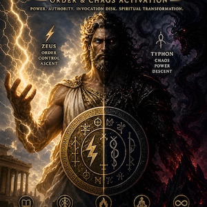 Op de afbeelding: Digitale illustratie met Zeus en Typhon, verticaal verdeeld. Zeus, links, wordt verlicht door gouden licht en bliksem. Typhon, rechts, is donker en schaduwrijk. De tekst luidt "Zeus en Typhon Dual Attunement".