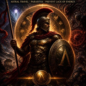 May include: Digital artwork featuring the Greek god Ares, in golden armor, holding a spear and shield. The image includes text: "GOD ARES" and "PROTECT DIVINE SUPPORT FROM ANTICHTHON." Additional icons and text describe protection and astral travel.