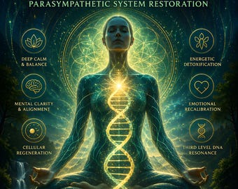 May include: Digital art poster with the text "THIRD STAGE DNA HELIX ACTIVATION". A person is meditating with a glowing DNA helix. The poster includes icons for deep calm, mental clarity, energetic detoxification, and more. The bottom text reads "RESTORE. ALIGN. ACTIVATE. HEAL."