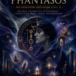 May include: Digital art poster titled "Phantom Veil of Phantasos." The image features a woman's profile, celestial elements, and text promoting dream shaping and initiation. The color palette includes blues, purples, and gold, with additional text at the bottom.