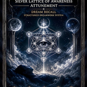 May include: Digital art print titled "ANDREALPHUS", with the text "Silver Lattice of Awareness Attunement". The image shows a geometric design with an eye, a person lying down, and the words "Dream Recall" and "Structured Dreamwork System".