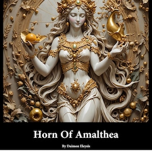 Può includere: Una scultura bianca di una donna con le corna, che indossa una corona e gioielli d'oro. Tiene un corno dorato in una mano e un frutto nell'altra. La scultura è posta su uno sfondo di motivi floreali dorati e bianchi. Il titolo "Horn Of Amalthea" e il nome dell'artista "By Daimon Eleyisis" sono scritti sotto la scultura.