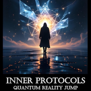 May include: Digital art book cover. A silhouetted figure walks towards a bright light, with geometric shapes and a starry sky in the background. The title "INNER PROTOCOLS QUANTUM REALITY JUMP" is displayed below, with the author's name.