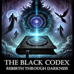 Puede incluir: Una portada de libro de fantasía oscura con un libro negro, un portal azul brillante y una figura sombría con cuernos. El título es "The Black Codex: Rebirth Through Darkness" de Daimon Eleyis.