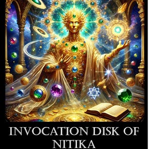 Pode incluir: Uma figura dourada com uma coroa de luz e um livro aberto sobre uma mesa com uma estrela de David e muitas gemas. O texto diz "Invocation Disk of Nitika by Daimon Eleyis".