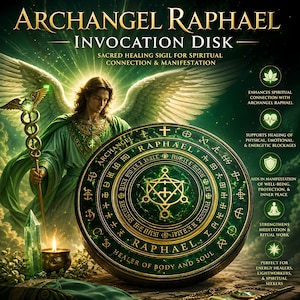 May include: A green and gold Archangel Raphael Invocation Disk with the words "Archangel Raphael" and "Healer of Body and Soul". The image includes an angel in green robes, a candle, and a crystal. The text reads "Sacred Healing Sigil for Spiritual Connection & Manifestation".