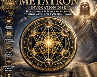 May include: A circular Archangel Metatron Invocation Disk with gold geometric patterns and Hebrew letters. The image includes text: "Sacred Sigil for Divine Knowledge, Spiritual Ascension & Celestial Power." Additional text: "Unlock the Secrets of the Universe."