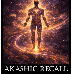 May include: Digital art featuring a silhouetted human figure radiating golden light, set against a cosmic background. The image is titled "AKASHIC RECALL" with text below reading "Awakening the Long-Forgotten Abilities of the Soul Attunement" by Daimon Eleysis.