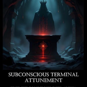May include: Digital art depicting a robed figure with a crown, standing before a stone altar in a cavern. The altar glows with red light, and the text "SUBCONSCIOUS TERMINAL ATTUNEMENT" is displayed below. The image has a dark, mystical theme.