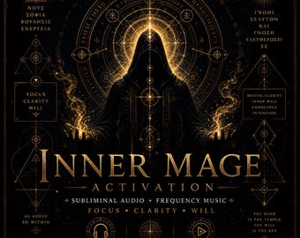 May include: A digital download graphic with a dark background and gold accents. The central figure is a hooded silhouette with glowing energy. Text includes "Inner Mage Activation" and "Subliminal Audio + Frequency Music". Additional text includes "Focus, Clarity, Will".