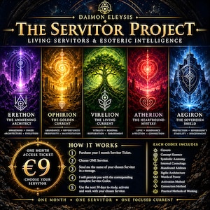 May include: A digital poster titled The Servitor Project featuring five distinct vertical panels in purple, gold, green, red, and blue. Each panel displays a unique symbol and name: Erethon, Ophirion, Virelion, Atherion, and Aegiron. Text details the process for purchasing a one-month access ticket for nine euros and lists the contents of each codex.