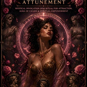 May include: Digital art print with the words "BEAUTY Virus ATTUNEMENT" and the text "MYSTICAL INVOCATION DISK RITUAL FOR ATTRACTION, AURA OF CHARM & SPIRITUAL EMPOWERMENT". The image features a woman in gold attire, surrounded by roses and classical statues.
