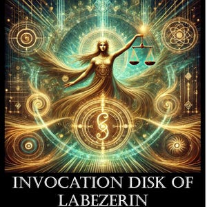 Pode incluir: Uma ilustração digital de uma mulher segurando uma balança da justiça. Ela está cercada por formas geométricas e símbolos, incluindo um círculo com uma letra S estilizada. O texto "Invocation Disk of Labezerin by Daimon Eleyis" está na parte inferior da imagem.