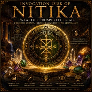 May include: A detailed image of the Invocation Disk of Nitika, featuring gold and green tones. The disk is adorned with sigils and surrounded by precious stones. Text includes "Wealth, Prosperity, Sigil" and other related phrases.