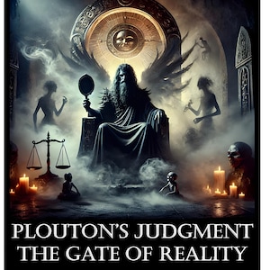 Könnte beinhalten: Eine dunkle, dramatische Illustration einer Figur, die auf einem Thron sitzt und einen Spiegel und eine Waage hält. Die Figur ist von schattenhaften Figuren und Kerzen umgeben. Der Text "Plouton's Judgment The Gate of Reality By Daimon Eleyis" befindet sich am unteren Rand des Bildes.