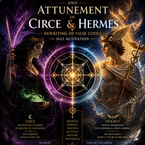 May include: A digital art print featuring Circe and Hermes, with text overlayed. The artwork has a mystical theme, with a central geometric design and celestial elements. The color palette includes gold, purple, and blue hues, creating a visually striking composition.