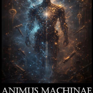 Könnte beinhalten: Digitales Kunstwerk mit einer humanoiden Figur aus komplexen mechanischen Komponenten vor einem kosmischen Hintergrund. Das Bild enthält den Text "ANIMUS MACHINAE PROTOCOL" und den Namen des Autors "BY DAIMON ELEYSIS."