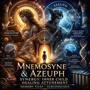 May include: Digital artwork featuring two figures, Mnemosyne and Azeuph, with text overlay. Mnemosyne, the goddess of memory, is depicted with a laurel wreath. Azeuph, a genius spirit, is shown with a winged helmet. The image includes text: "Synergy: Inner Child Healing Attunement."
