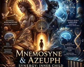 May include: Digital artwork depicting Mnemosyne and Azeuph, with text overlay. Mnemosyne, the goddess of memory, is shown with a laurel wreath. Azeuph, a genius spirit, is shown with a winged helmet. The image includes text: "Synergy: Inner Child Healing Attunement."