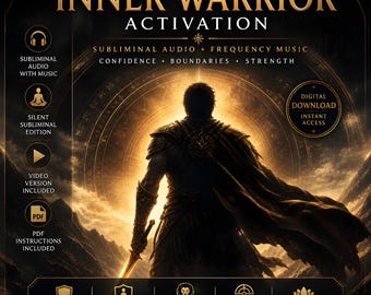 Puede incluir: Gráfico de descarga digital con el texto "Inner Warrior Activation". La imagen presenta la silueta de un guerrero con una espada, con texto que indica audio subliminal, música de frecuencia y acceso a descarga digital. Incluye versiones de vídeo y PDF.