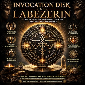 May include: A digital download image of the "Invocation Disk of Labezerin." The image features a central circular design with sigils and text, surrounded by symbols representing prosperity, balance, and relationships. The design is in gold and black.
