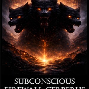 May include: Digital artwork of a three-headed black wolf with fiery orange eyes and sharp teeth. The image includes the text "Subconscious Firewall Cerberus" and "The Guardian of the Mind" by Daimon Eleysis. The background is a hellish, fiery landscape.