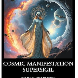 May include: A woman in a white gown stands in front of a cosmic background with planets and stars. The text "COSMIC MANIFESTATION SUPERSIGIL BY DAIMON ELEYIS" is at the bottom of the image.