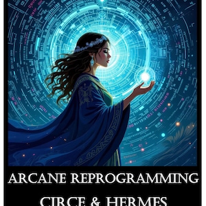 May include: An illustration of a woman in a blue robe holding a glowing orb, set against a backdrop of a digital circuit board design. The image features the text "ARCANE REPROGRAMMING CIRCE & HERMES BY DAIMON ELEYSIS".