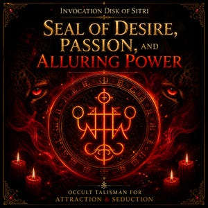 May include: A digital illustration of an occult talisman with the text "Invocation Disk of Sitri" and "Seal of Desire, Passion, and Alluring Power." The image features a central circular design with intricate symbols, surrounded by flames and lit candles. The words "Occult Talisman for Attraction & Seduction" are also present.