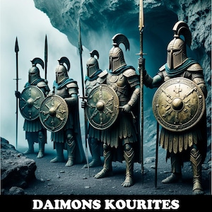 May include: Five golden-armoured warriors stand in a row, each holding a spear and a round shield with a sunburst design. They are posed in a dramatic, heroic stance against a dark, rocky background.