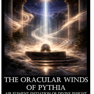 May include: A digital art book cover featuring a celestial scene. A bright light shines down from above, illuminating a stone structure. The title reads "THE ORACULAR WINDS OF PYTHIA" with the subtitle "AIR ELEMENT INITIATION OF DIVINE INSIGHT & SACRED PERCEPTION" by Daimon Eleysis.