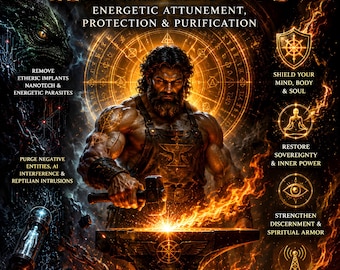 May include: Digital art poster titled "Purging Flame of Hephaestus." It features a muscular figure forging with a hammer, surrounded by flames and text. The text includes phrases like "Energetic Attunement" and "Shield Your Mind, Body & Soul."