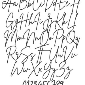 May include: A handwritten alphabet font in black ink on a white background. The font includes uppercase and lowercase letters, as well as numbers 0-9.