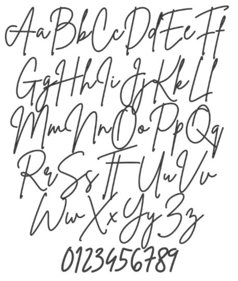 May include: A handwritten alphabet font in black ink on a white background. The font includes uppercase and lowercase letters, as well as numbers 0-9.