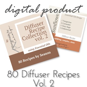 Könnte beinhalten: Digitales Produkt mit einer Diffusor-Rezeptsammlung Vol. 2 mit 80 Rezepten mit ätherischen Ölen. Das Design enthält eine Liste ätherischer Öltröpfchen und eine Rezeptbeschreibung. Der Text "Homemade by Carolyn" ist ebenfalls sichtbar.