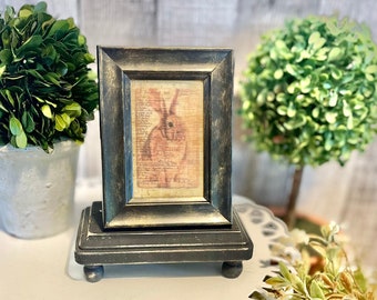 Primitive Bunny Spring Cottage Tier Tray, Rabbit Mini Frame Art, Farmhouse Decorator Gift For Bunnie Lovers, Spring Decorative Kitchen Tray