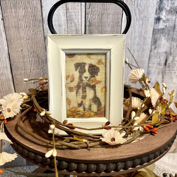 Farmhouse Fall Tiered Tray Decoration, Vintage Style Mini Frame, Rustic Autumn Kitchen Tray,  Country Farmhouse Decorator Dog Lovers Gift