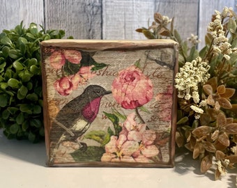Rosebud Cottage Garden Chickadee, Canvas decor, Vintage Spring tiered tray decorations, floral decorator gifts for spring, bird lover gift