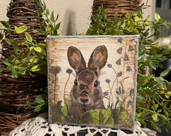 Spring Decorating Meadow Bunny, Rustic Country Garden Rabbit Shelf Sitter, Cottage Farmhouse Decorator Gift, Folk Art Bunnie Lovers Gift