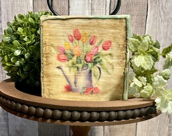 Farmhouse Spring Tray Decor, Vintage Watering Can Tulip Canvas, Farmhouse Decorator Gift, Rustic Country Cottage Shelf Sitter For Kitchen