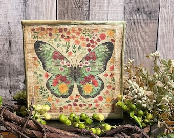 Spring Tiered Tray Folk Art Butterfly, Vintage Style Floral Butterfly, Boho Chic Home Decore, Farmhouse Decorator Gift, Cottage Kitchen Tray